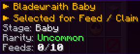 Bladewraith Baby tooltip showing stage, Uncommon rarity and feed count.