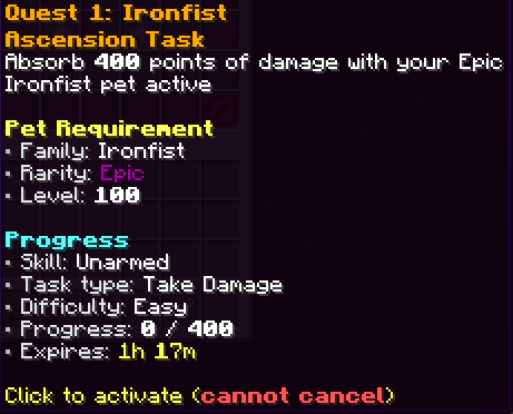 Ironfist Legendary quest tooltip showing the required pet, task and expiry in this example.